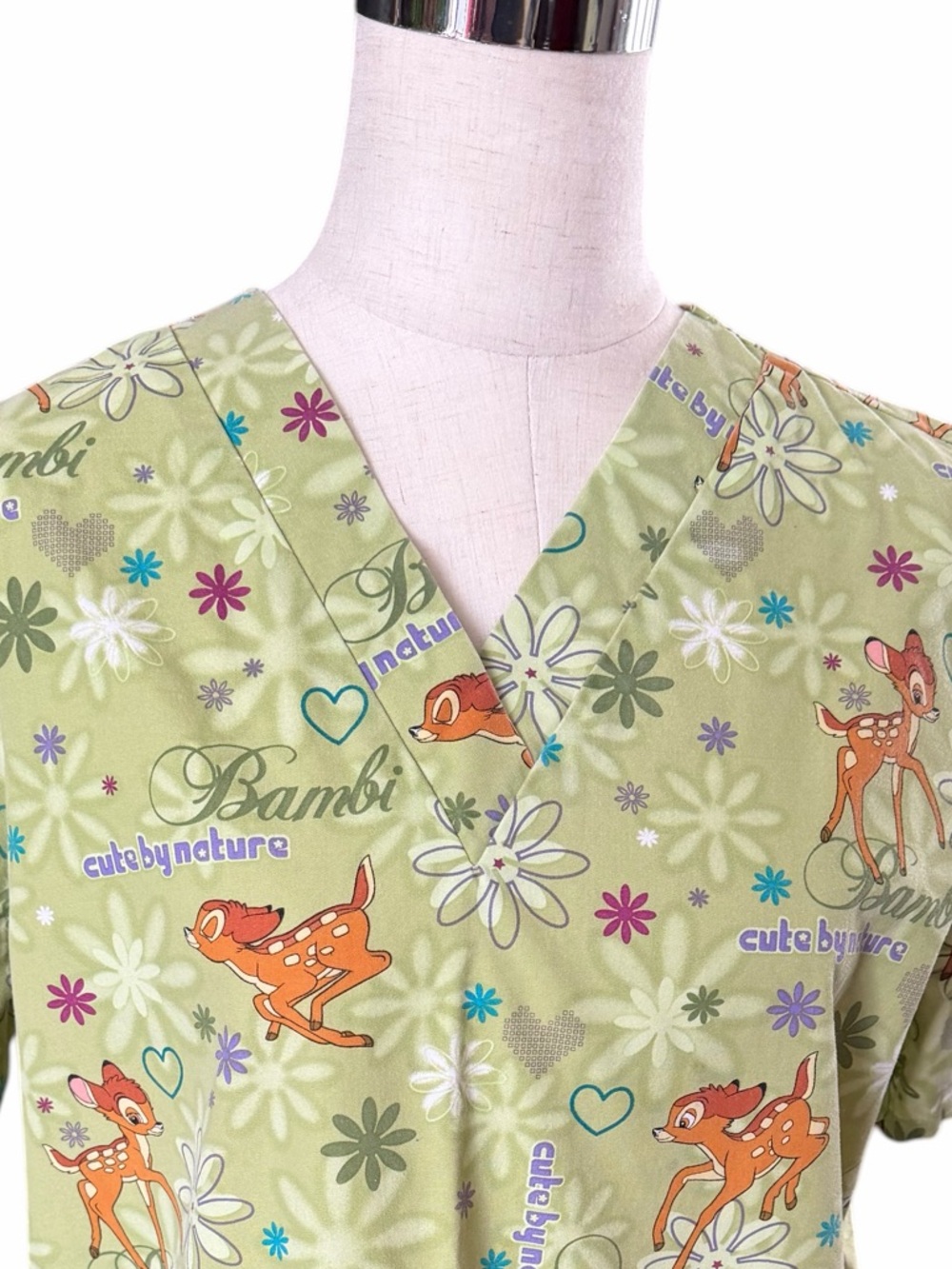 Disney Small Bright Green Bambi V Neck Short Sleeve Scrub Top - Picture 2 of 6